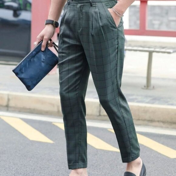 Green Preppy Men's Grid Tailored Pants - Picture 1 of 8